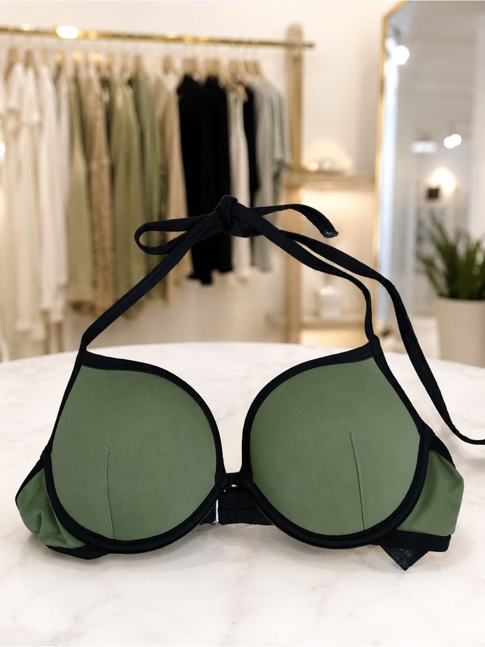 H&M Olive Green Bikini Top 34B Black Trim Halter Swimwear
